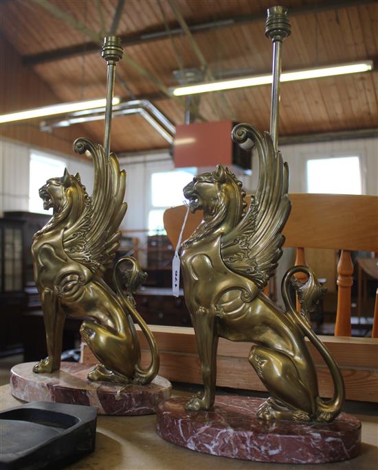 Pair brass griffin lamps